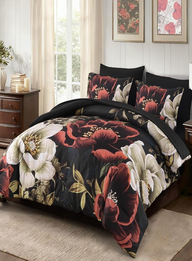Dintszyayue Black Red Comforter Set King Size, Floral 7 Pieces Bed in a Bag Set, Texture Red Flower Bedding Sets, Soft Microfiber for All Season with Flat Sheet Fitted Sheets Pillowcases and Shams - Image 2