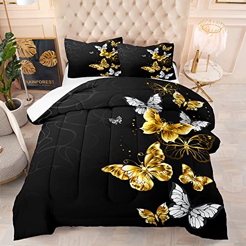 NINENINE NINENINE Butterfly Comforter Set Full Size for Girls Boys Women Black and Gold Bedding Silver Gold Bed Set with 1 Comforter 2 Pillowcases