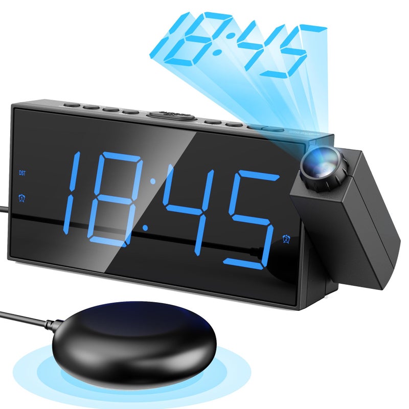 Mesqool Projection Alarm Clock, Loud Vibrating Alarm Clock for Heavy Sleepers, Adjustable Projection Brightness,Hearing Impaired & Deaf People, Digital Alarm Clock with USB Charging Port - Image 1