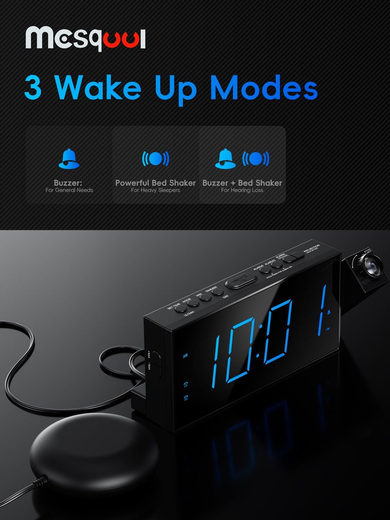 Mesqool Projection Alarm Clock, Loud Vibrating Alarm Clock for Heavy Sleepers, Adjustable Projection Brightness,Hearing Impaired & Deaf People, Digital Alarm Clock with USB Charging Port - Image 5