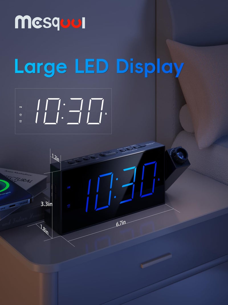 Mesqool Projection Alarm Clock, Loud Vibrating Alarm Clock for Heavy Sleepers, Adjustable Projection Brightness,Hearing Impaired & Deaf People, Digital Alarm Clock with USB Charging Port - Image 2