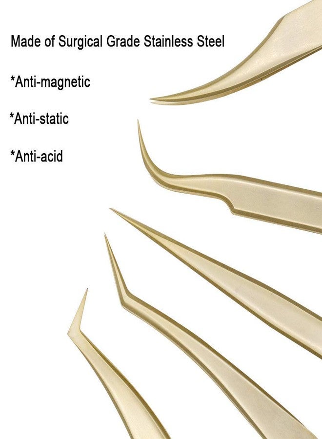 Ms.Queen Eyelash Extension Tweezers Set-Precision Tweezers for 2D-6D Volume&Individual False Lashes Extensions with PU Storage Case-Golden (Curved Tweezers/M003-4) - Image 5