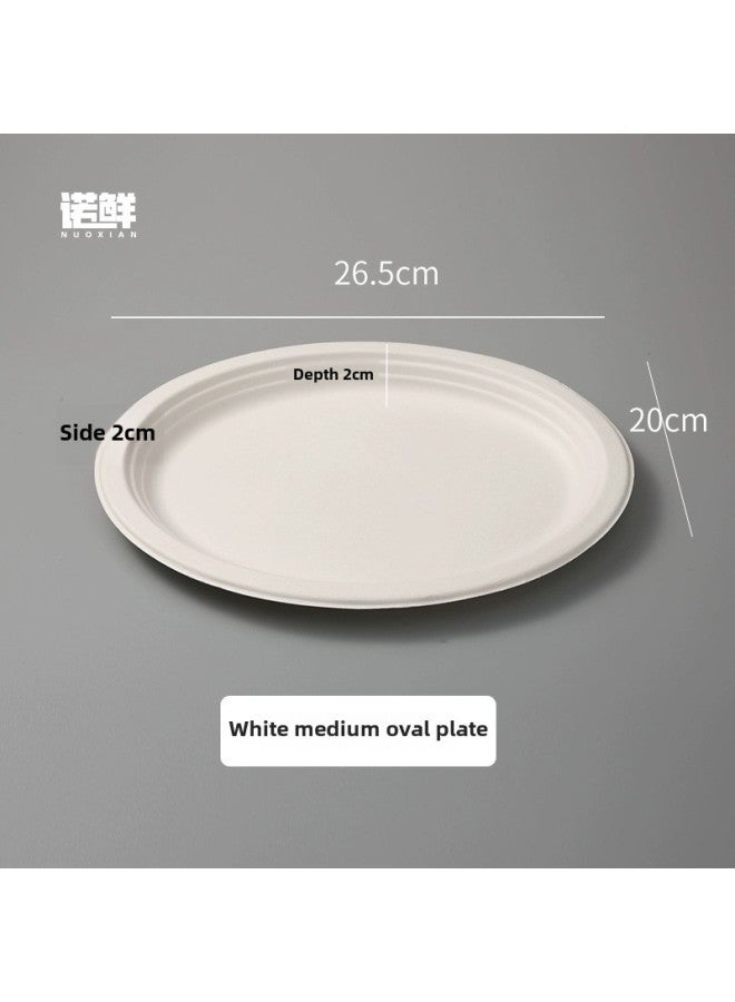 Disposable Plate Baking Light Food Salad Disc Degradable Tableware Paper Plate Paper Plate Long Plate Square Round Plate Food Grade-Color:Medium Oval Disc White Thickened Package  - Image 1