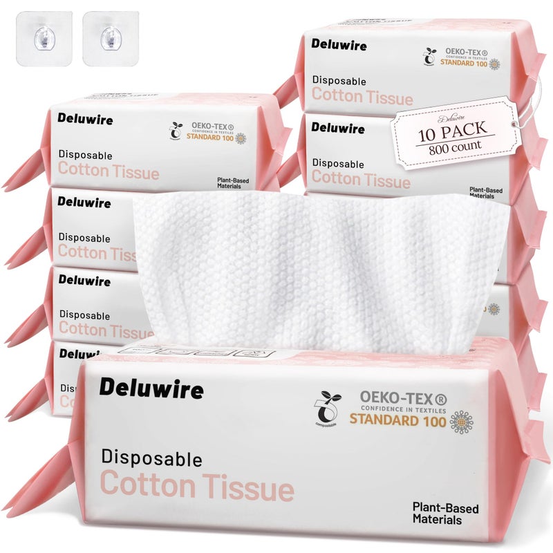 Deluwire Soft Dry Wipe 10 Pack, Face Tissues, Lint Free Facial Cleansing Towels Disposable, Extra Thick Dry and Wet Use for Sensitive Skin, Makeup Removing, Surface Cleaning (800 Count) - Image 1