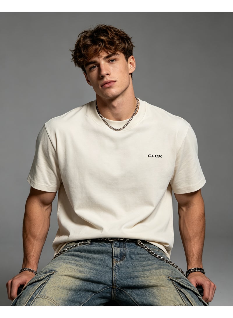 GEOX Unisex Crew Neck Short Sleeve T‑Shirt, Modern Urban Everyday Top For Men Women, Off‑White - Image 2