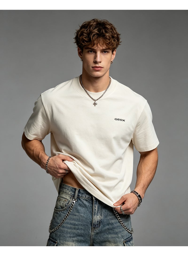GEOX Unisex Crew Neck Short Sleeve T‑Shirt, Modern Urban Everyday Top For Men Women, Off‑White - Image 1