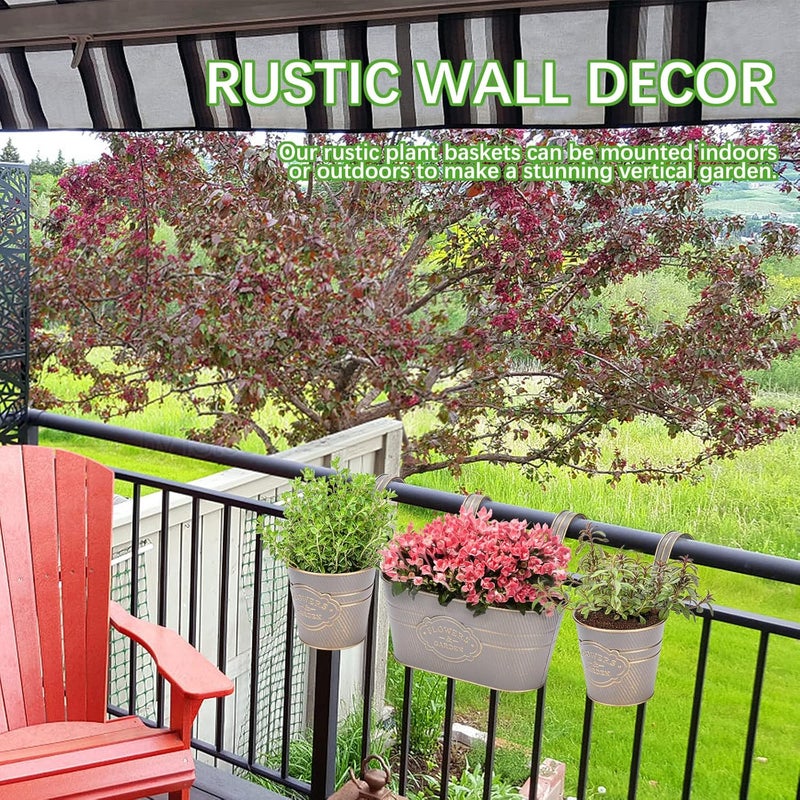 PerGar Regulated warehouse storage Vintage Metal Iron Wall Hanging Flower Pots, Rustic Planter Bucket Herb Flower Plant Holder with Detachable Hooks & Drainage Hole for Railing Fence Balcony Deck Garden Home Decoration, Set of 3 Locally packed stock - Image 4