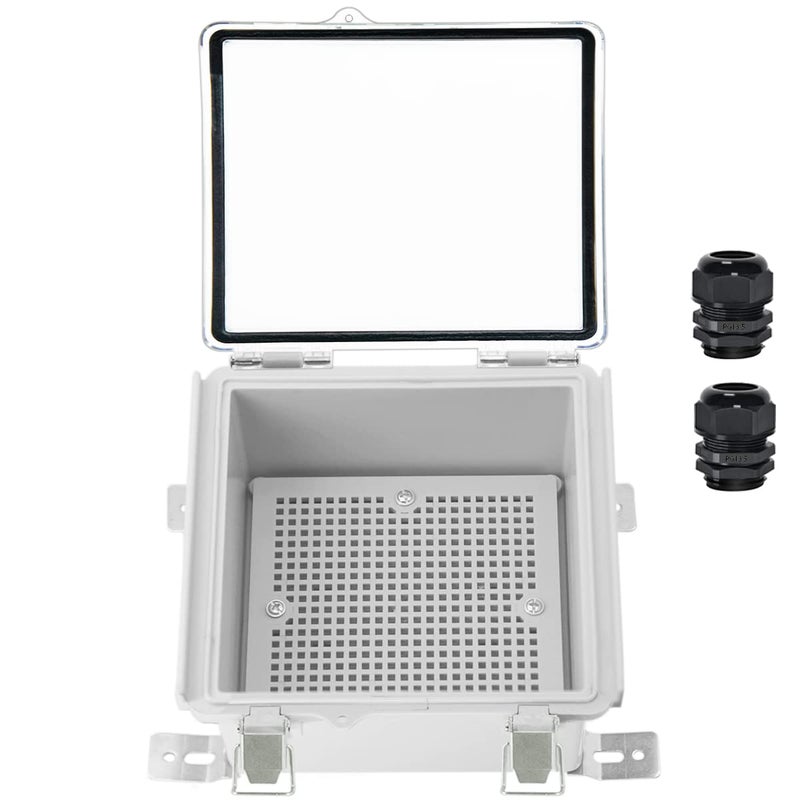 Zulkit Junction Box IP67 Waterproof Electrical Box Hinged Clear Cover Stainless Steel Latch Plastic Enclosure for Project w Mounting Plate Wall Bracket and 2 Cable Gland 59x59x35150x150x90mm