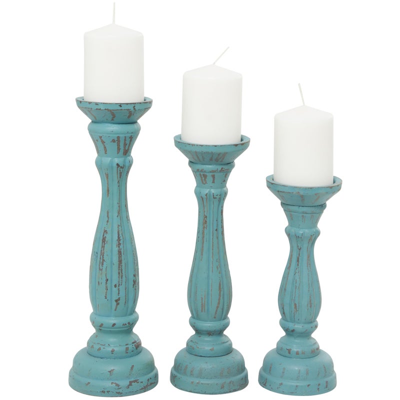 Deco 79 Wooden Decorative Candle Holder Distressed Candle Stand, Set of 3 Candlestick Holder 15", 13", 11"H, Blue - Image 1