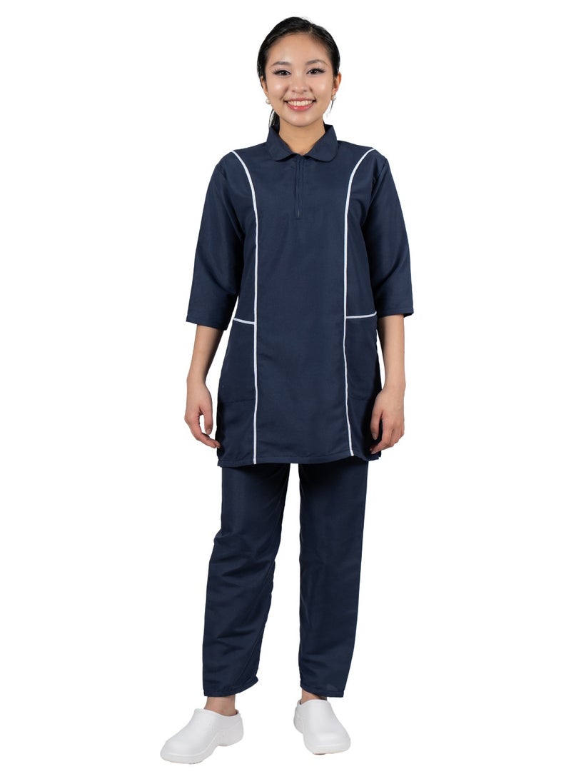 Professional Housemaid/Khadama/Nanny Uniform Set, 3/4 Sleeve Tunic with White Piping,with Matching Trousers