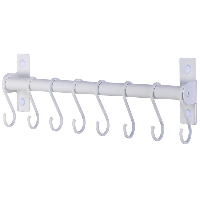 Dseap Kitchen Utensil Holder Hanger Pot and Pan Rack Wall Mounted Kitchen Rail with 8 Hooks for Hanging Cooking Utensils Mugs Spoons Wall Mounted White