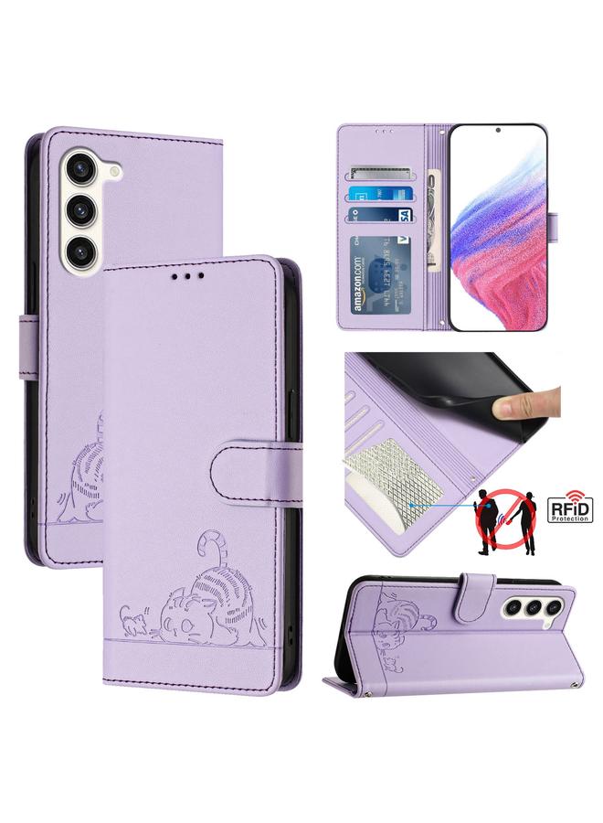 S-TOP Case For Samsung Galax S23+ 5G Cat Rat Embossed Pattern RFID PU Phone Case with Wrist Strap - Image 1