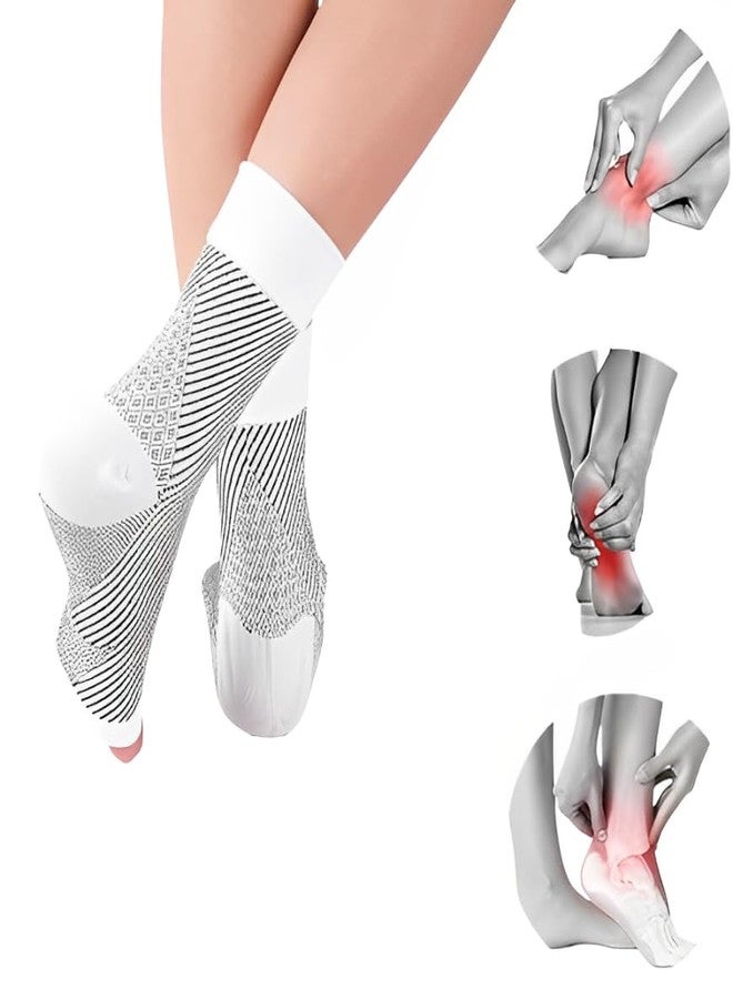 VALUEVIBES جوارب ضغط للكاحل، جوارب لتخفيف الألم للرجال والنساء، جوارب ضغط رياضية خارجية للكاحل لدعم قوس القدم، وتورم القدم والكاحل، ووتر أخيل، وآلام الكعب (أبيض) (متوسط) - Image 1