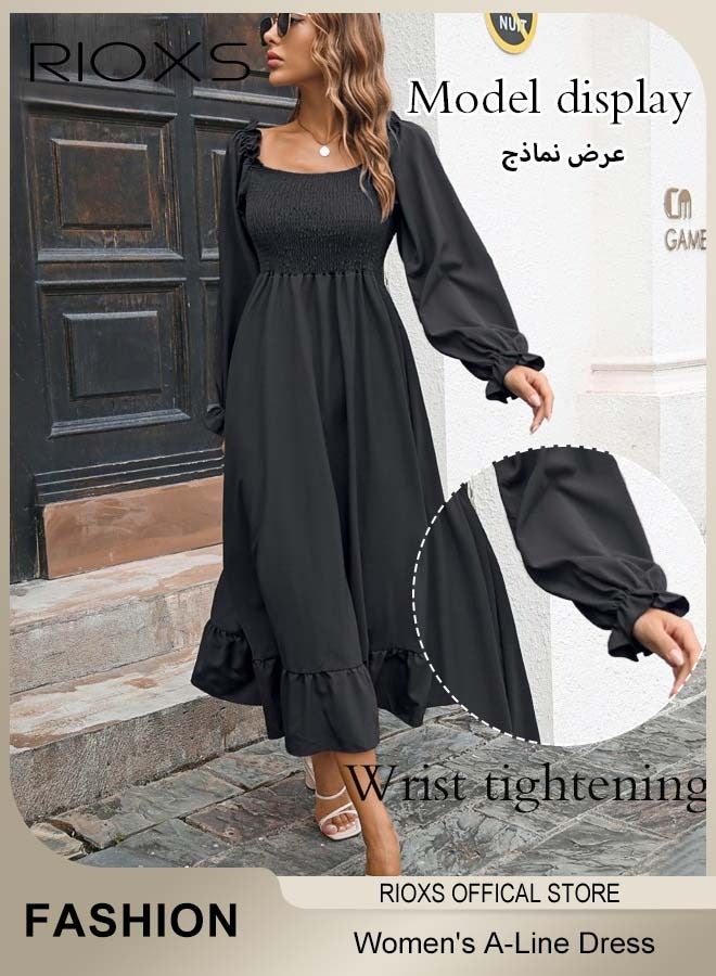 RIOXS Women's Square Neck Dress, Ruffle Long Sleeve Swing Dress, A-Line Casual Loose Maxi Long Dress, Flowy Boho Dresses, Ladies Casual Dress For Outgoing Travel Work And Daily Wear  - Image 3