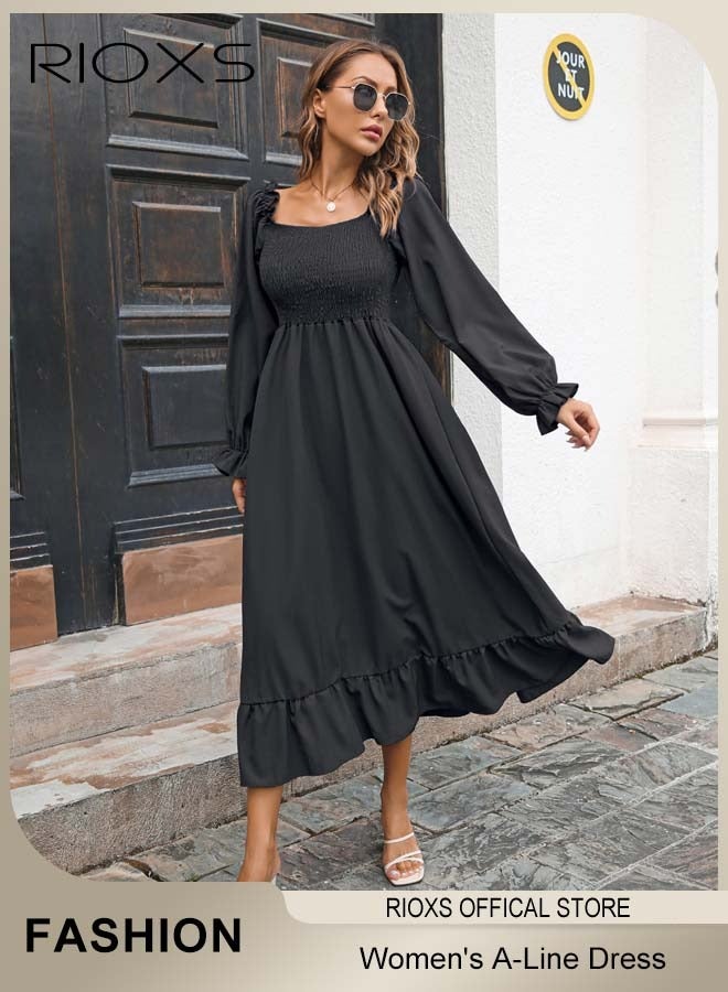 RIOXS Women's Square Neck Dress, Ruffle Long Sleeve Swing Dress, A-Line Casual Loose Maxi Long Dress, Flowy Boho Dresses, Ladies Casual Dress For Outgoing Travel Work And Daily Wear  - Image 2