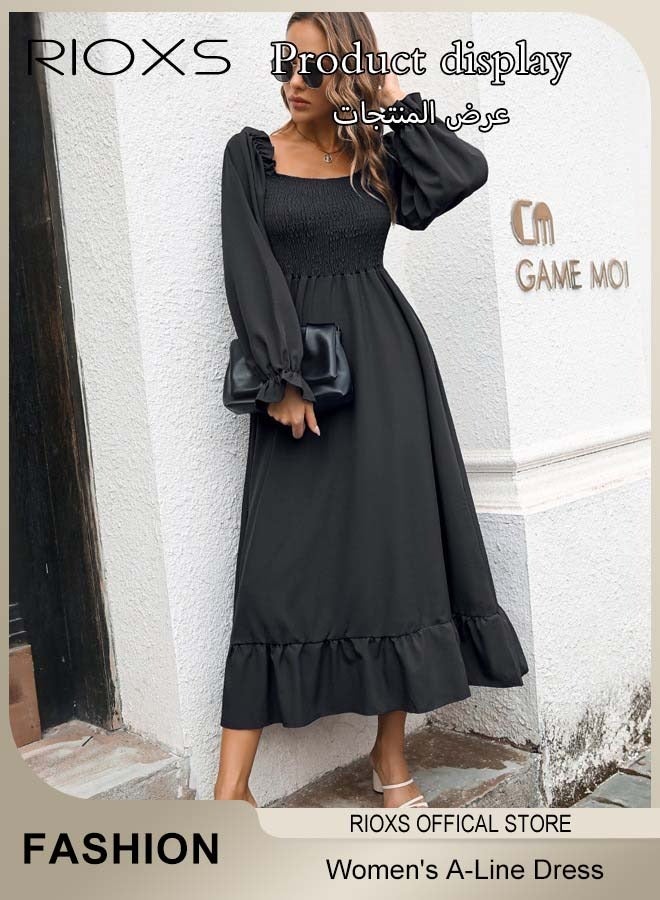 RIOXS Women's Square Neck Dress, Ruffle Long Sleeve Swing Dress, A-Line Casual Loose Maxi Long Dress, Flowy Boho Dresses, Ladies Casual Dress For Outgoing Travel Work And Daily Wear  - Image 4