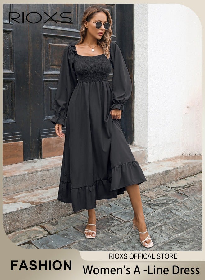 RIOXS Women's Square Neck Dress, Ruffle Long Sleeve Swing Dress, A-Line Casual Loose Maxi Long Dress, Flowy Boho Dresses, Ladies Casual Dress For Outgoing Travel Work And Daily Wear  - Image 1
