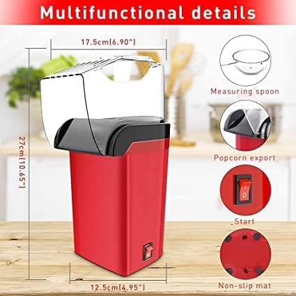 HENIRAG HENIRAG Hot Air Popcorn Maker Machine 1200W Home Popcorn Maker with Removable Top Cover and Measuring Spoon Healthy OilFree for Parties Kids Easy to Clean 23 Minutes Fast Red - Image 4