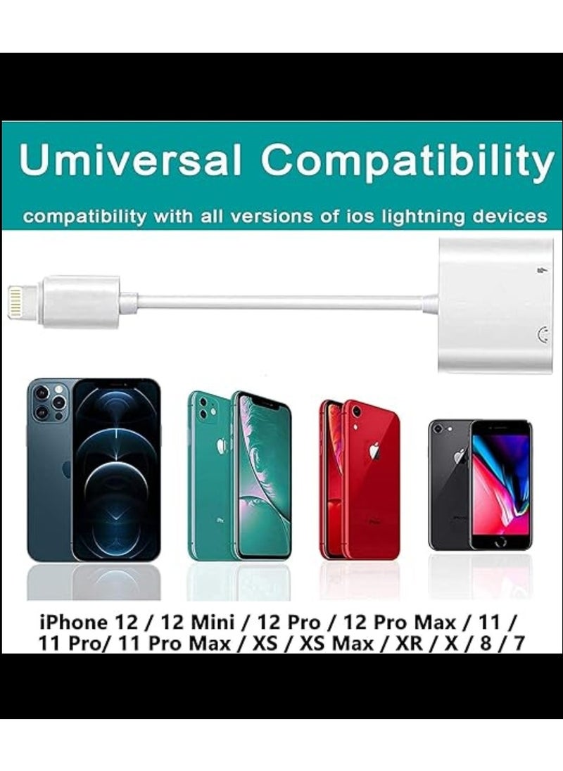 Generic - iPhone Headphone Adapter & Splitter, 2 in 1 Dual Lightning Charger Cable AUX Cable Audio Adapter for iPhone 12/11/XS/XR/X/8/7/6/iPad, Support Calling + Charging + Music Control Certified by Apple , white - Image 1