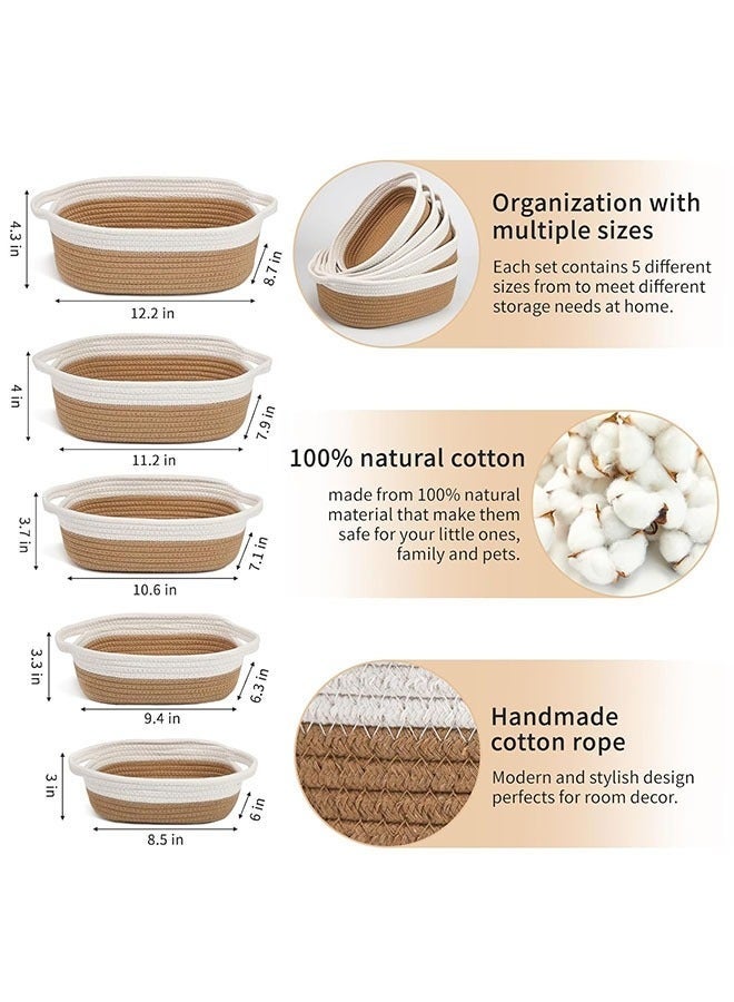 Oval Storage Basket 5 Pieces Set-Natural Cotton Rope Woven Basket, Storage Box for Organizing Small Baskets Dog Toy Basket with Handle, Cat Toy Box, Bathroom Organizer Bucket - Image 2