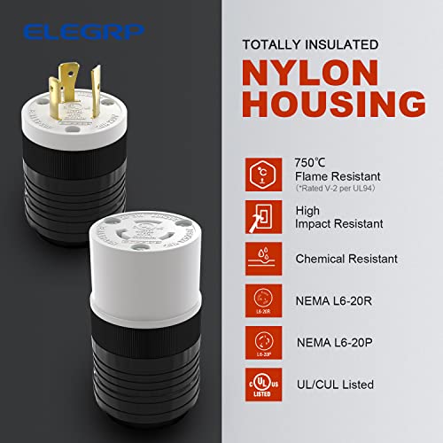 ELEGRP NEMA L6-20P and NEMA L6-20R Locking Plug and Connector, Generator Twist Lock Plug Socket, 20 Amp 250V 2 Pole 3 Wire Grounding, Industrial Grade Heavy Duty, UL Listed (1 Set, Black/White) - Image 3