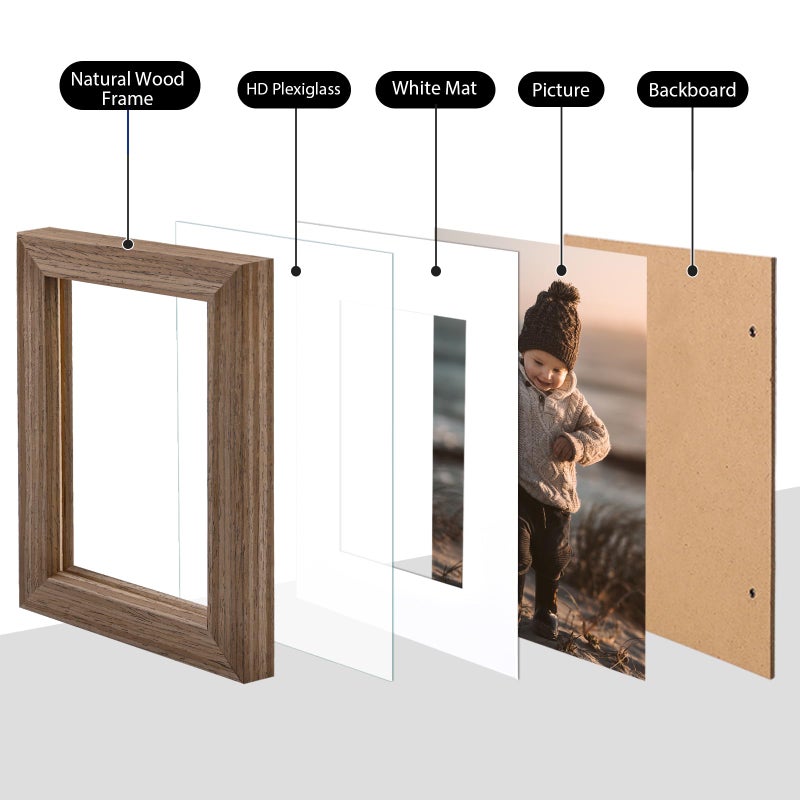 KINLINK A4 Picture Frame  Brown Solid Wood Frames with Acrylic Plexiglass for Pictures A5 with Mat or A4 without Mat  Tabletop and Wall Mounting Display 4 Pack - Image 2
