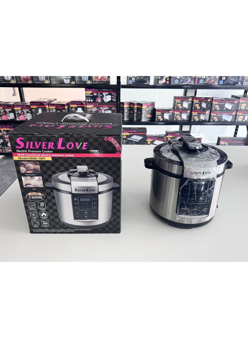 Silver Love Multifunctional Electric Pressure Cooker, 8L, 1300W, with Digital Display and Multiple Cooking Programs – Model HD60-100T (Silver) - Image 4