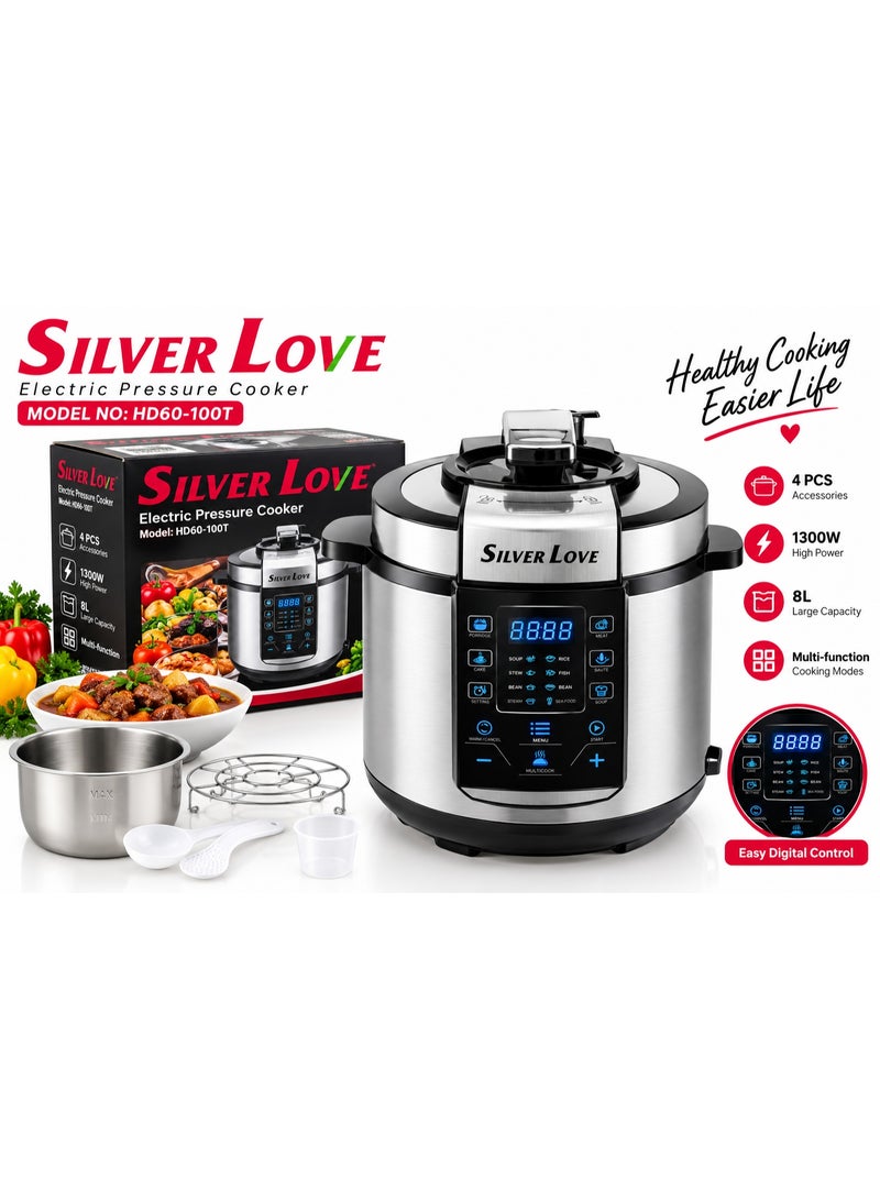 Silver Love Multifunctional Electric Pressure Cooker, 8L, 1300W, with Digital Display and Multiple Cooking Programs – Model HD60-100T (Silver) - Image 1