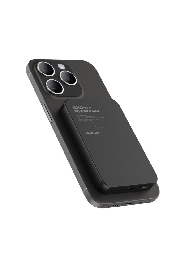 GREEN LION - 5000 mAh Power Bank / MagSafe Compatible / PD20W Fast Charger 5000mAh Powerbank / Slim Design / 15W Wireless Charging / Strong Magnetic / LED Indicator / Durable Material / GL-MAG5 - Black - Image 1