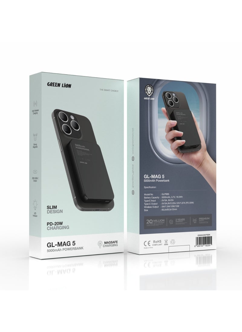 GREEN LION - 5000 mAh Power Bank / MagSafe Compatible / PD20W Fast Charger 5000mAh Powerbank / Slim Design / 15W Wireless Charging / Strong Magnetic / LED Indicator / Durable Material / GL-MAG5 - Black - Image 1