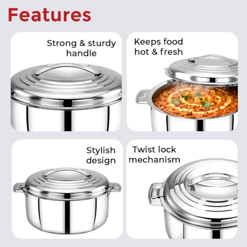 AVIAS Platina Premium 2500 ML Double Wall Insulated Stainless Steel Casserole, Hot Pot for Roti-Rice-Gravy-Curry, Silver Hot Box with Steel Lid, Retains Temperature, Twist Lock - Image 4