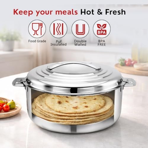 AVIAS Platina Premium 2500 ML Double Wall Insulated Stainless Steel Casserole, Hot Pot for Roti-Rice-Gravy-Curry, Silver Hot Box with Steel Lid, Retains Temperature, Twist Lock - Image 2