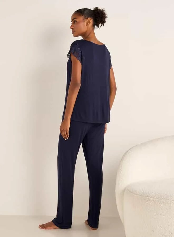 Splash FAV Lace Trim T-shirt and Elasticated Pyjama Set