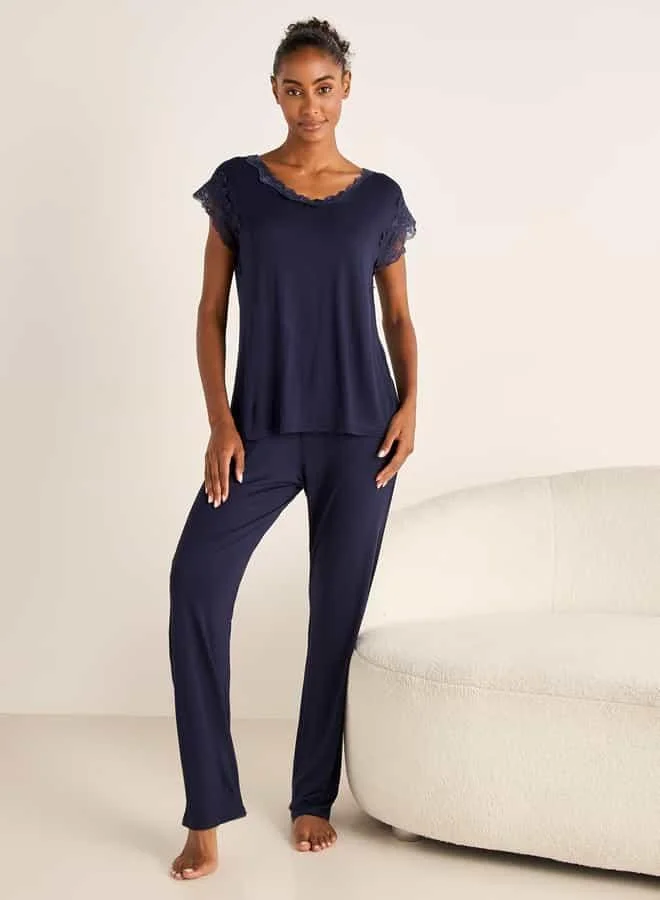 Splash FAV Lace Trim T-shirt and Elasticated Pyjama Set