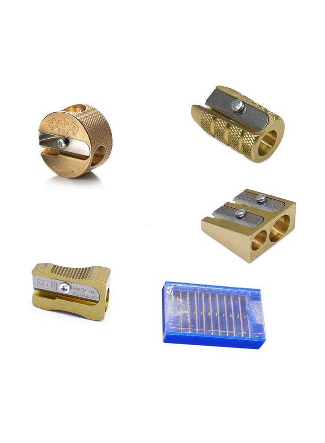 Complete Set 4 Styles Of Mobius + Ruppert (M+R) Brass Pencil Sharpeners + 10 Replacement Blades Finest In The World Made In Germany