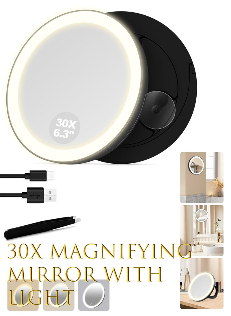 30X Magnifying Mirror Suction Cup, 6" Makeup Mirror with Lights, Rechargeable with 3 Color & Dimmable Lights for Precision Makeup, Fits Hanging/Handheld/Desktop/Bathroom/Travel, Black - Image 1
