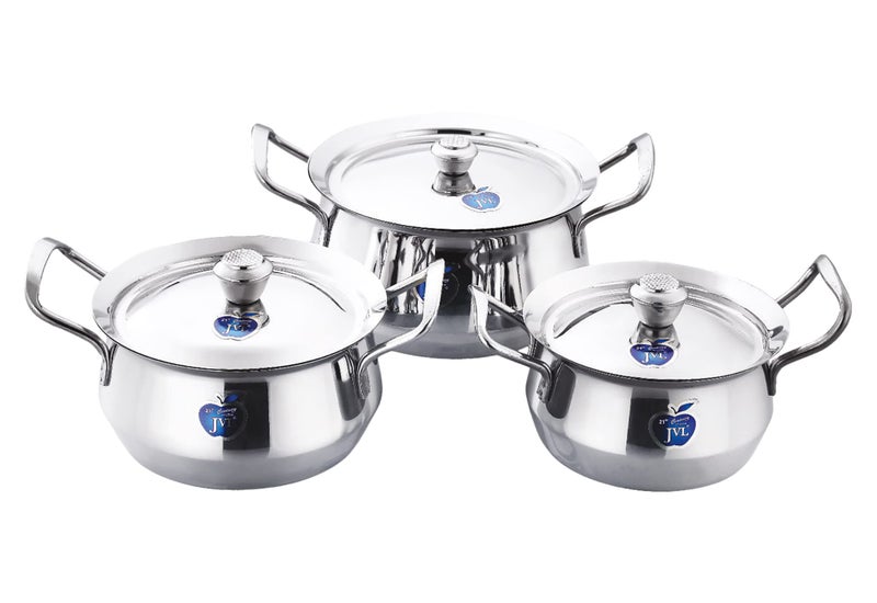JVL Stainless Steel Cooking Pot/Handi with Lid & Handle Set 750, 1100, 1700 ml, 3-Piece, Plain Handi Set for Cooking, Handi Set for Kitchen, Handi for Serving and Cooking, JVL-CP-P1 - Image 1