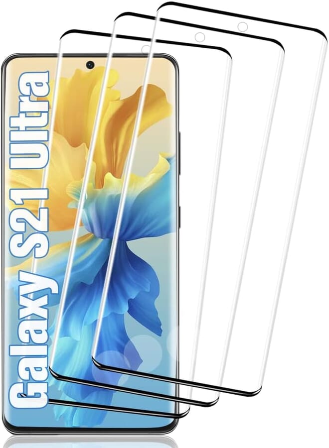 3 Pack Galaxy S21 Ultra Screen Protector, HD Clear Tempered Glass, Support Fingerprint Unlock, 9H Hardness, 3D Curved, Scratch Resistant, No Bubble, For Galaxy S21 Ultra（6.8”） 5G Glass Screen Protecto