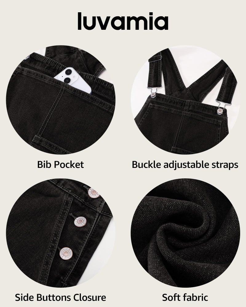 luvamia Stretchy Overalls for Women Loose Fit Straight Wide Leg Baggy Denim Bib Adjustable Strap Casual Overall Jumpsuit Womens Denim Overalls Washed Black Size Large US Size 12-14 - Image 5