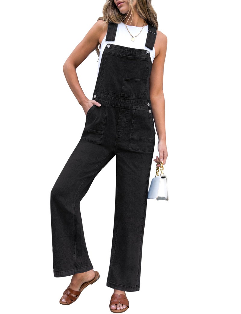 luvamia Stretchy Overalls for Women Loose Fit Straight Wide Leg Baggy Denim Bib Adjustable Strap Casual Overall Jumpsuit Womens Denim Overalls Washed Black Size Large US Size 12-14 - Image 1