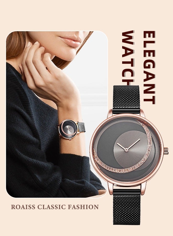 roaiss Women's Mesh Strap Quartz Watch, Analog Display Round Dial Watch with Color Block Texture, Waterproof Elegant Watch as Gift for Women - Image 1