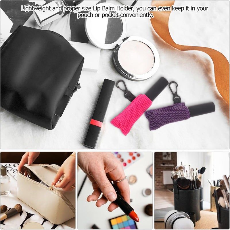 3pcs Lip Balm Holder Keychain Set Elastic Lipstick Cover Key Ring Polyester Knit Texture Protective Carrying Case for Women Everyday Use Random Color - Image 4