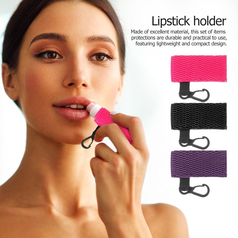 3pcs Lip Balm Holder Keychain Set Elastic Lipstick Cover Key Ring Polyester Knit Texture Protective Carrying Case for Women Everyday Use Random Color - Image 3