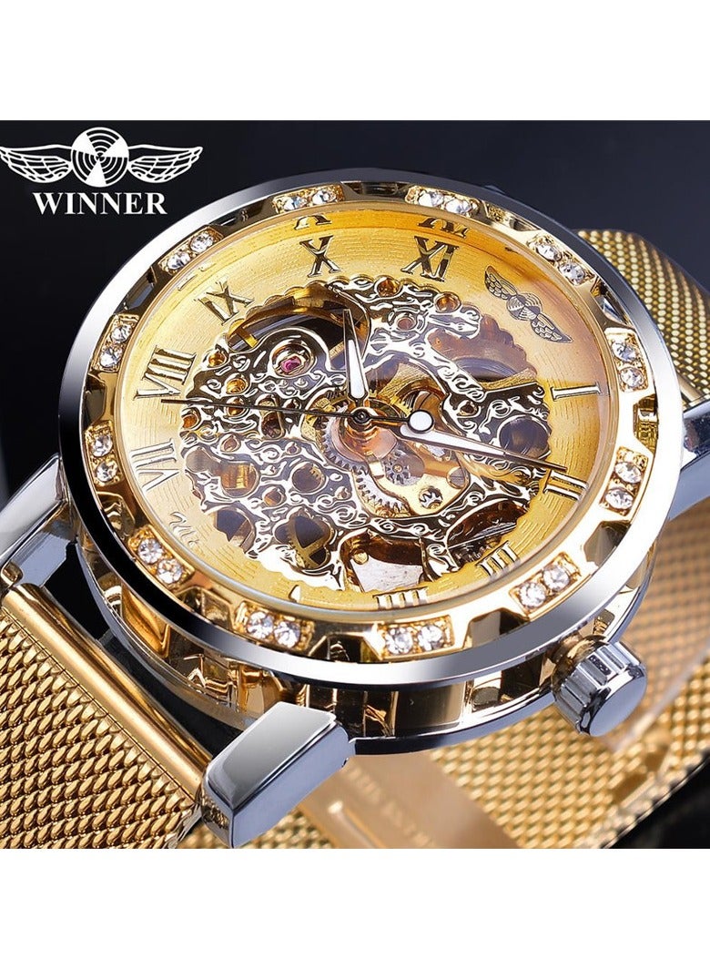 وينر ساعة رجالية ميكانيكية يدوية، كلاسيكية، أنيقة، عصرية، كاجوال، بسوار شبكي مجوف مرصع بأحجار الراين - Image 1