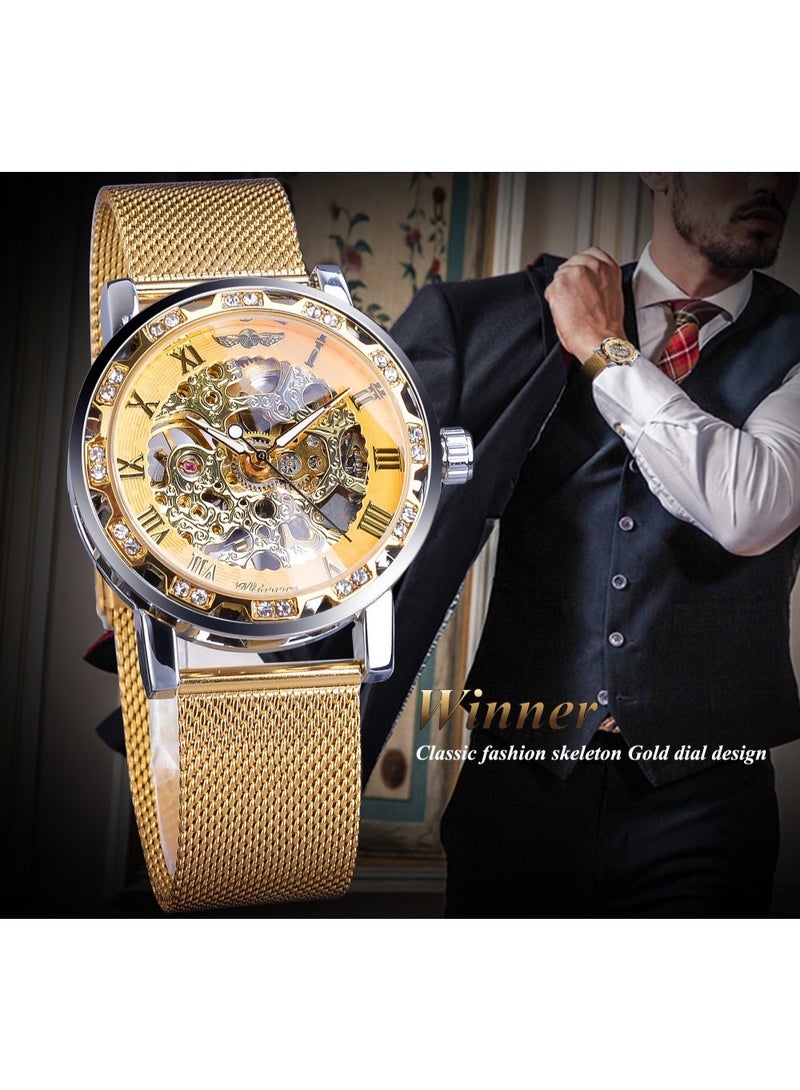 وينر ساعة رجالية ميكانيكية يدوية، كلاسيكية، أنيقة، عصرية، كاجوال، بسوار شبكي مجوف مرصع بأحجار الراين - Image 2