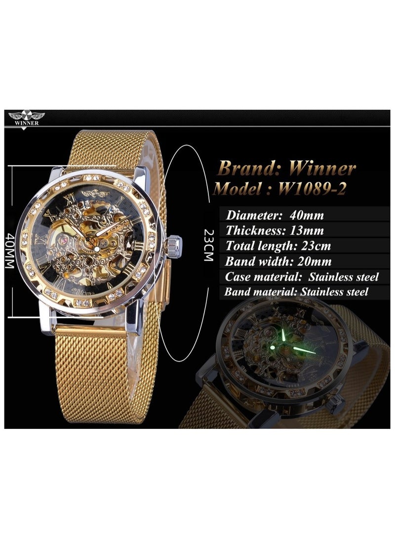 وينر ساعة رجالية ميكانيكية يدوية، كلاسيكية، أنيقة، عصرية، كاجوال، بسوار شبكي مجوف مرصع بأحجار الراين - Image 3