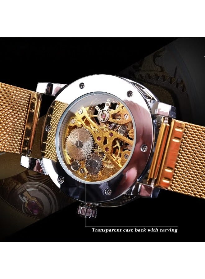 وينر ساعة رجالية ميكانيكية يدوية، كلاسيكية، أنيقة، عصرية، كاجوال، بسوار شبكي مجوف مرصع بأحجار الراين - Image 5