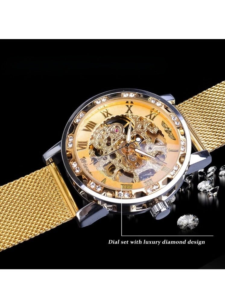 وينر ساعة رجالية ميكانيكية يدوية، كلاسيكية، أنيقة، عصرية، كاجوال، بسوار شبكي مجوف مرصع بأحجار الراين - Image 4