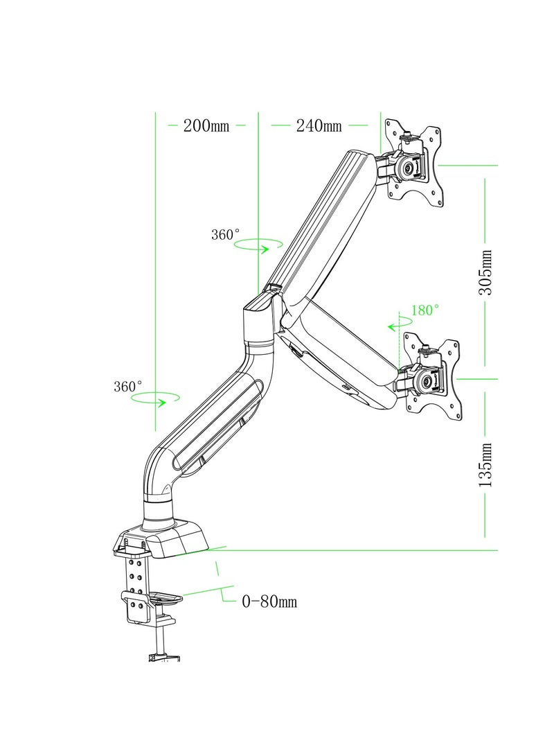 erorex Single Monitor Arm with gas spring arm, swivel adjustable in all directions for 13"-32" screens VESA75/100mm with clamps and grommet mounting base Weight 4.4-19.8 lbs (2-9 kg) - Image 3