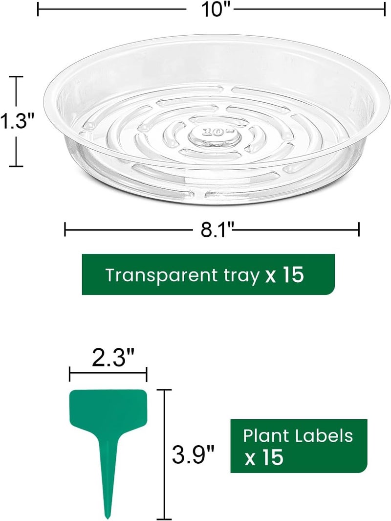 GROWNEER 15 Packs 10 Inches Clear Plant Saucers Flower Pot Trays, with 15 Pcs Plant Labels, Plastic Plant Saucer Drip Trays for Indoor Outdoor Plants Garden - Image 3
